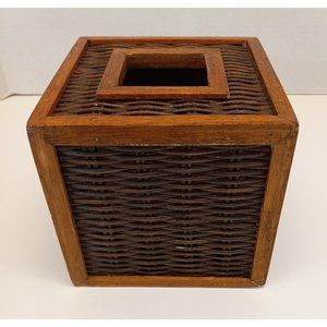 Tissue Box Cover Brown Wooden w Basket Weave Design 6" x 6" x 6" Unbranded GUC